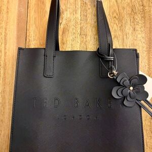Ted Baker London The Icon Black Embossed Small Tote with Floral Charm NWT